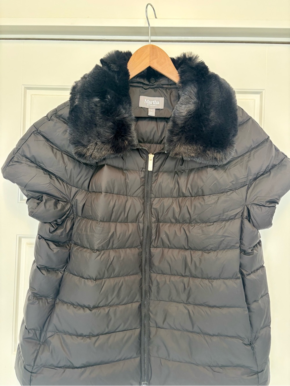 Martha Stewart Black Puffer Coat with Faux Fur Collar-New